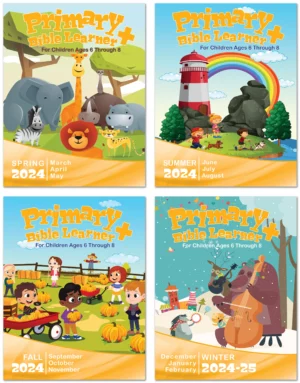 An image showing four seasonal covers of the Union Gospel Press Primary Bible Learner + for 2024: Spring with animals and flowers, Summer with a dinosaur and rainbow, Fall with harvest themes, and Winter depicting kids building a snowman in a snowy scene.