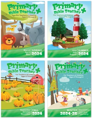 Four colorful magazine covers titled "Union Gospel Press Primary Bible Teacher +" depict various seasonal scenes. Spring features animals like a lion, elephant, and giraffe; Summer shows a lighthouse and trees; Fall includes a pumpkin patch; Winter has snowmen and trees. Each cover indicates the months and year.